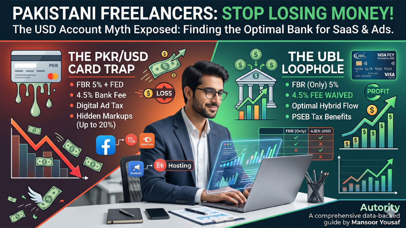 A Pakistani freelancer analyzing banking fees on a laptop, comparing the hidden 20% markup of standard PKR and USD cards against the zero-fee UBL FCY Business card.