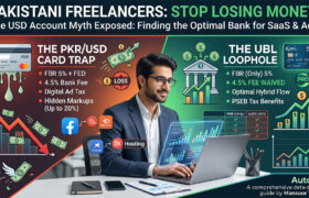 A Pakistani freelancer analyzing banking fees on a laptop, comparing the hidden 20% markup of standard PKR and USD cards against the zero-fee UBL FCY Business card.