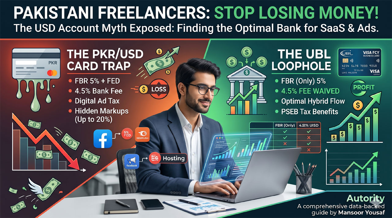 A Pakistani freelancer analyzing banking fees on a laptop, comparing the hidden 20% markup of standard PKR and USD cards against the zero-fee UBL FCY Business card.